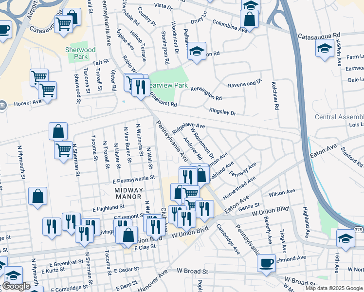 map of restaurants, bars, coffee shops, grocery stores, and more near 1316 Pennsylvania Avenue in Bethlehem