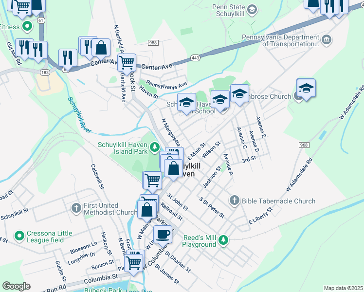 map of restaurants, bars, coffee shops, grocery stores, and more near 41 North Margaretta Street in Schuylkill Haven