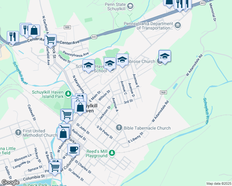 map of restaurants, bars, coffee shops, grocery stores, and more near 624 Leonard Street in Schuylkill Haven