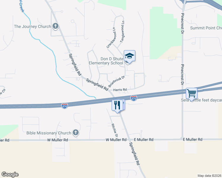 map of restaurants, bars, coffee shops, grocery stores, and more near 106 Harris Road in East Peoria