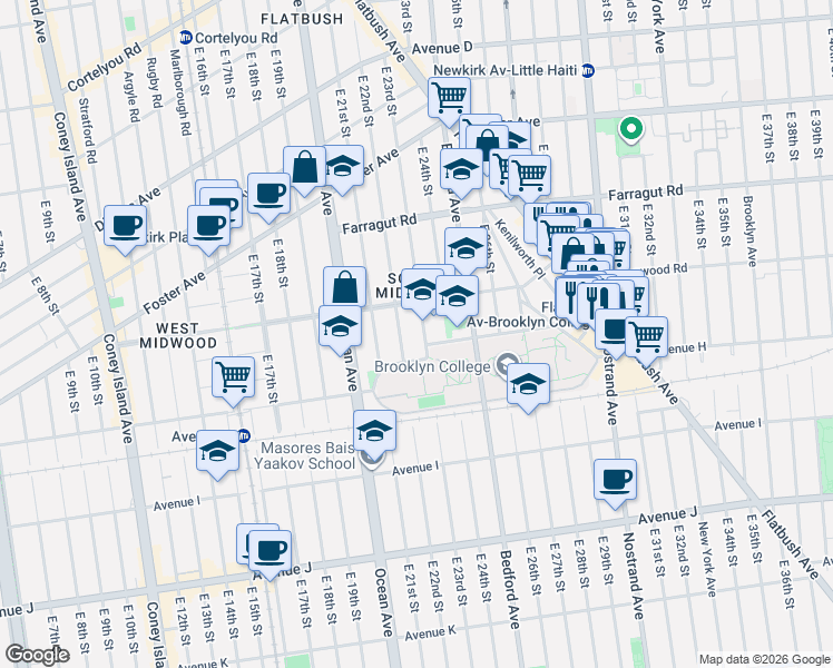 map of restaurants, bars, coffee shops, grocery stores, and more near 750 East 23rd Street in Brooklyn