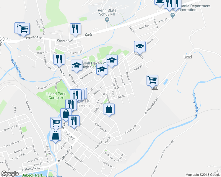 map of restaurants, bars, coffee shops, grocery stores, and more near 614 East Union Street in Schuylkill Haven