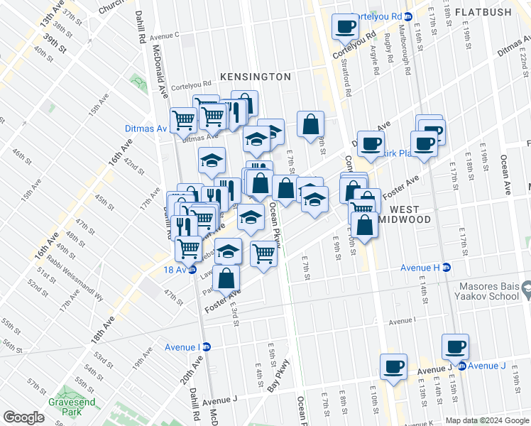 map of restaurants, bars, coffee shops, grocery stores, and more near 644 Ocean Parkway in Brooklyn