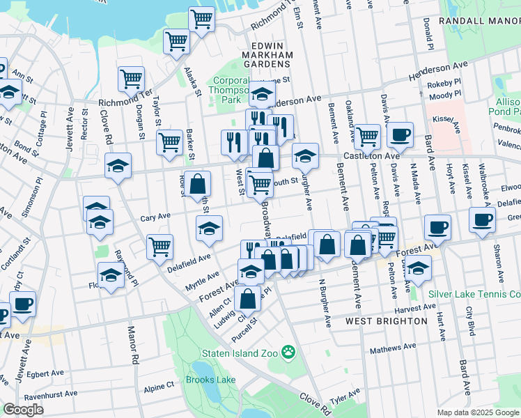 map of restaurants, bars, coffee shops, grocery stores, and more near 67 Seneca Street in Staten Island