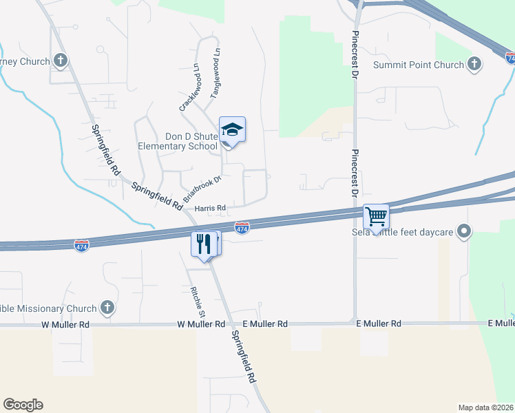 map of restaurants, bars, coffee shops, grocery stores, and more near 306 Harris Road in East Peoria