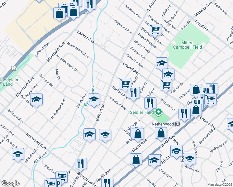 map of restaurants, bars, coffee shops, grocery stores, and more near 115 Johnston Avenue in Plainfield