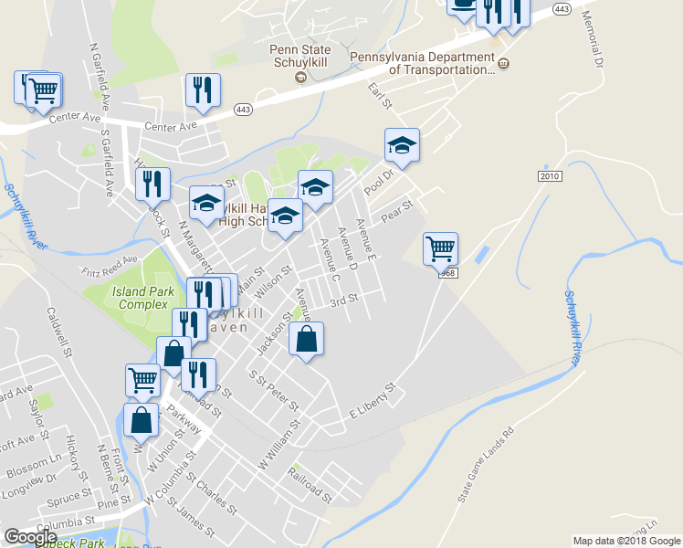 map of restaurants, bars, coffee shops, grocery stores, and more near 103 Avenue C in Schuylkill Haven