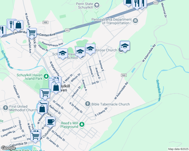 map of restaurants, bars, coffee shops, grocery stores, and more near 103 Avenue C in Schuylkill Haven