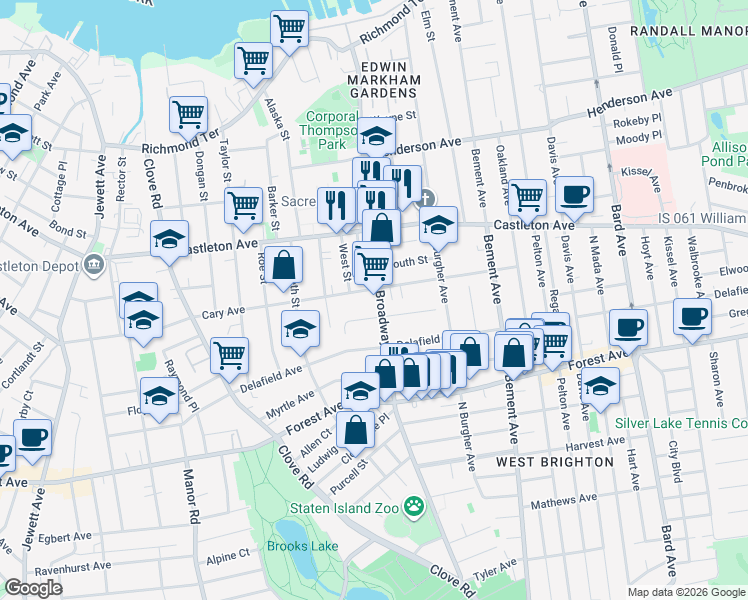 map of restaurants, bars, coffee shops, grocery stores, and more near 371 Broadway in Staten Island