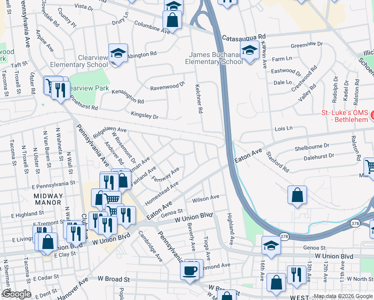 map of restaurants, bars, coffee shops, grocery stores, and more near 1856 Ridgelawn Avenue in Bethlehem