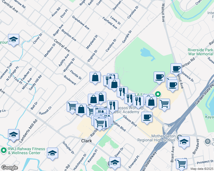 map of restaurants, bars, coffee shops, grocery stores, and more near 30 Terminal Avenue in Clark