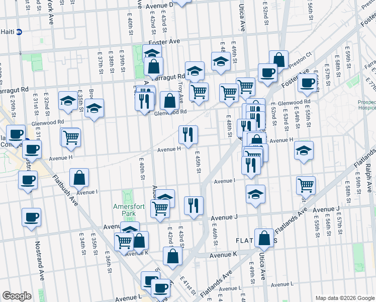 map of restaurants, bars, coffee shops, grocery stores, and more near 1180 East 45th Street in Brooklyn