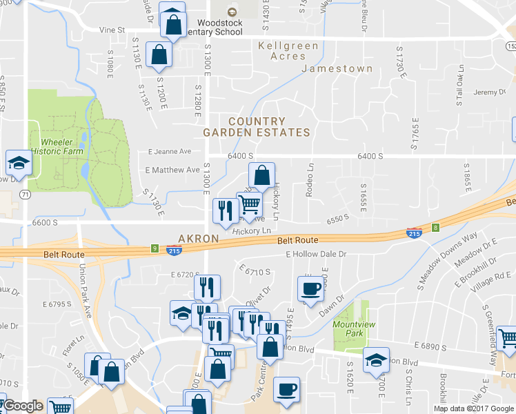 map of restaurants, bars, coffee shops, grocery stores, and more near 1416 Ironwood Avenue South in Murray