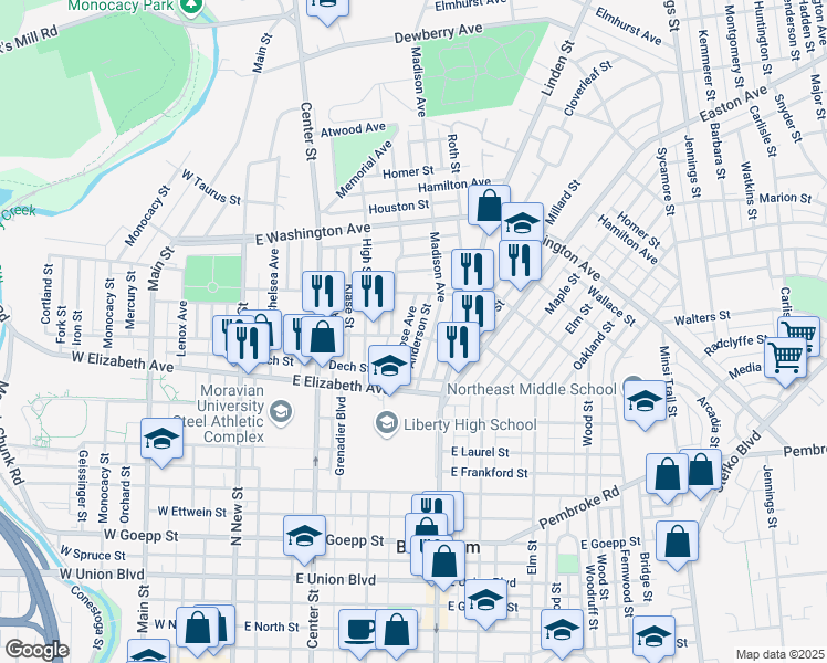 map of restaurants, bars, coffee shops, grocery stores, and more near 1404 Montrose Avenue in Bethlehem