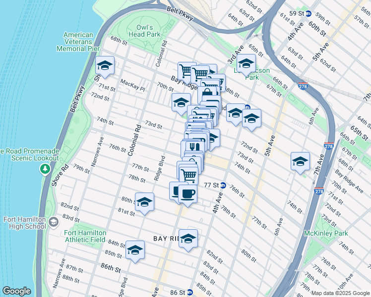 map of restaurants, bars, coffee shops, grocery stores, and more near 250 74th Street in Brooklyn