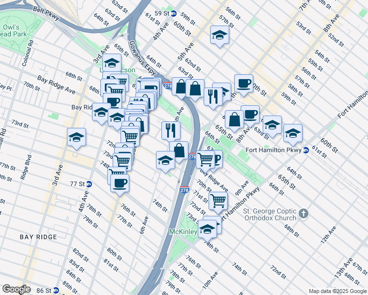 map of restaurants, bars, coffee shops, grocery stores, and more near 631 Bay Ridge Avenue in Brooklyn