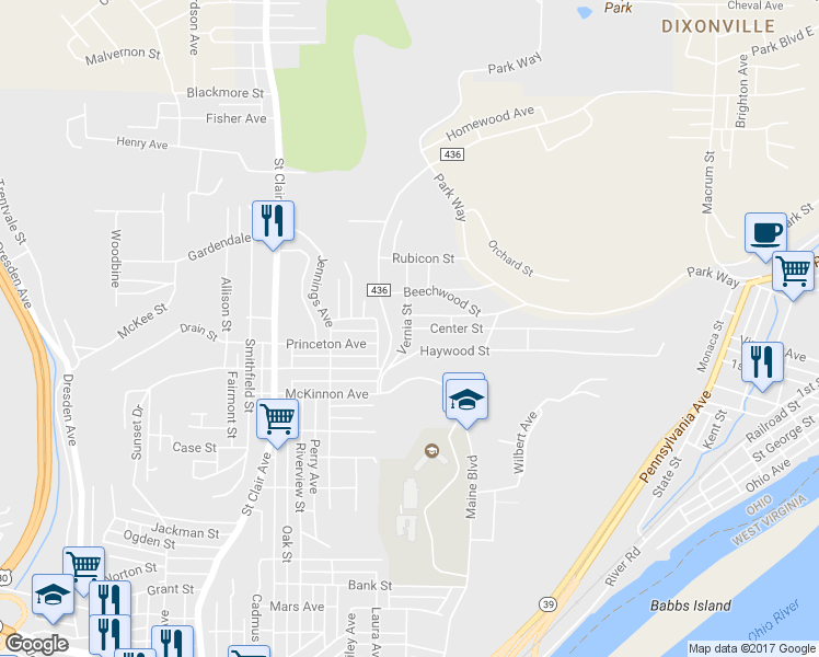 map of restaurants, bars, coffee shops, grocery stores, and more near 102 Center Street in East Liverpool