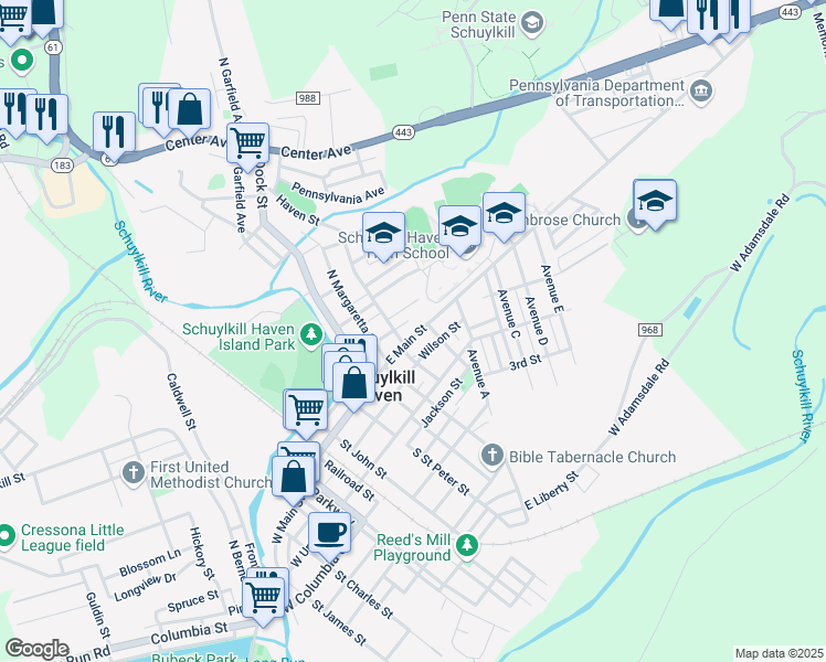 map of restaurants, bars, coffee shops, grocery stores, and more near 413 East Main Street in Schuylkill Haven