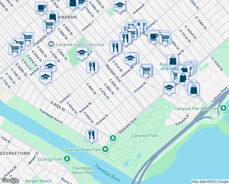 map of restaurants, bars, coffee shops, grocery stores, and more near 1345 East 88th Street in Brooklyn