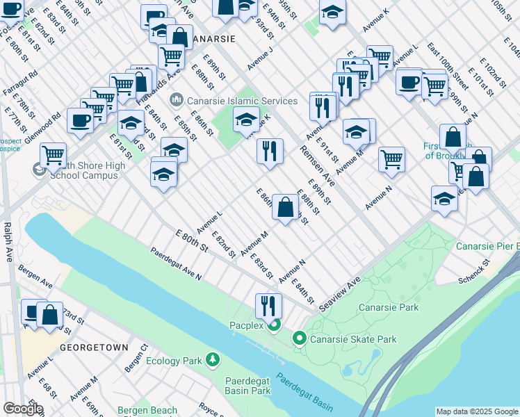 map of restaurants, bars, coffee shops, grocery stores, and more near 1244 East 85th Street in Brooklyn