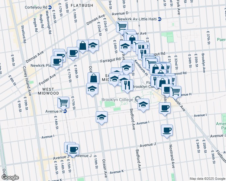 map of restaurants, bars, coffee shops, grocery stores, and more near 750 East 23rd Street in Brooklyn