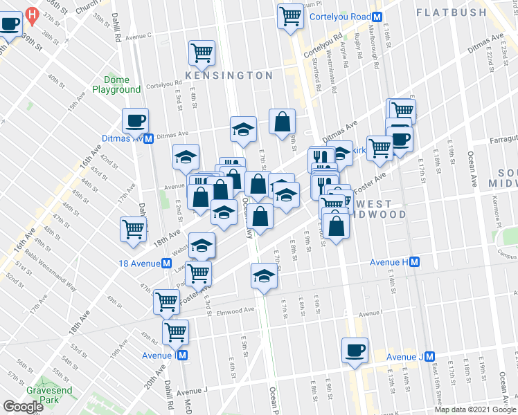 map of restaurants, bars, coffee shops, grocery stores, and more near 238 Newkirk Avenue in Brooklyn