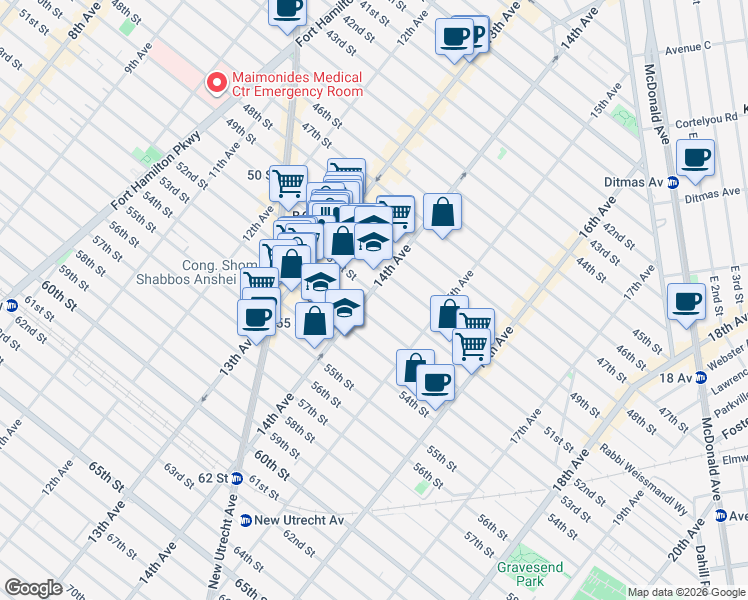 map of restaurants, bars, coffee shops, grocery stores, and more near 1424 51st Street in Brooklyn