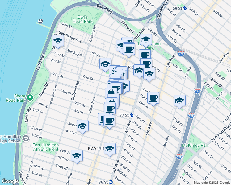 map of restaurants, bars, coffee shops, grocery stores, and more near 7424 3rd Avenue in Brooklyn