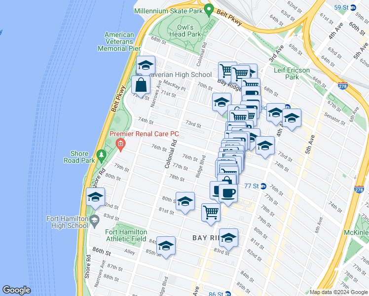 map of restaurants, bars, coffee shops, grocery stores, and more near 131 76th Street in Brooklyn
