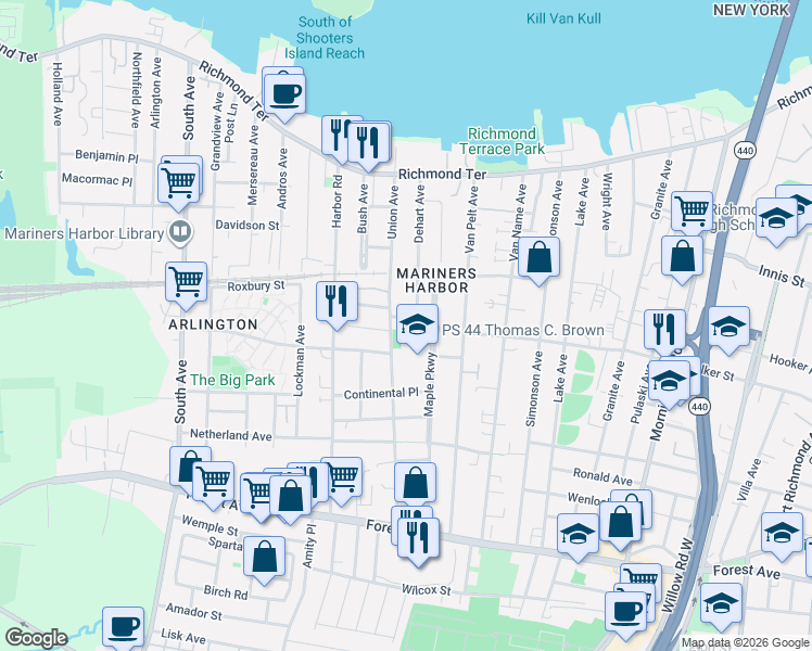 map of restaurants, bars, coffee shops, grocery stores, and more near 80 Maple Parkway in Staten Island