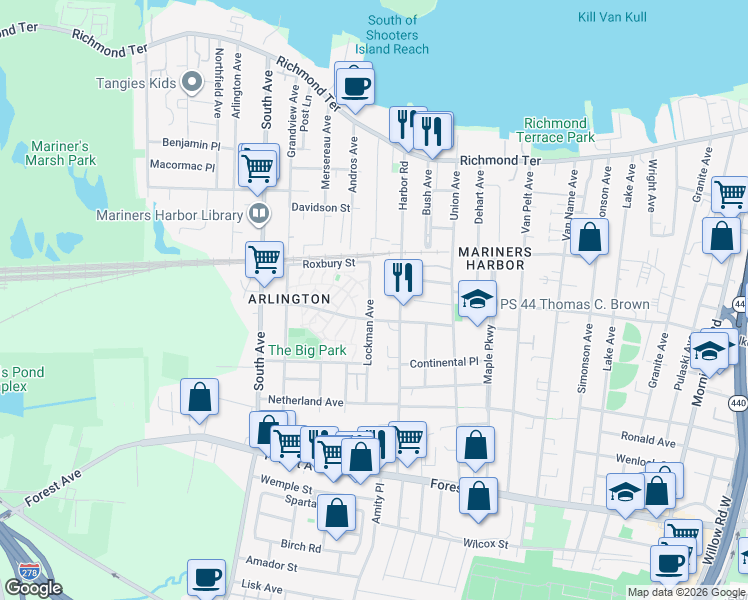 map of restaurants, bars, coffee shops, grocery stores, and more near 20 Harbor Loop in Staten Island