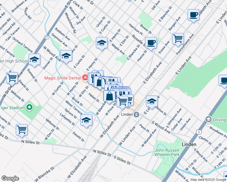 map of restaurants, bars, coffee shops, grocery stores, and more near 300 North Wood Avenue in Linden