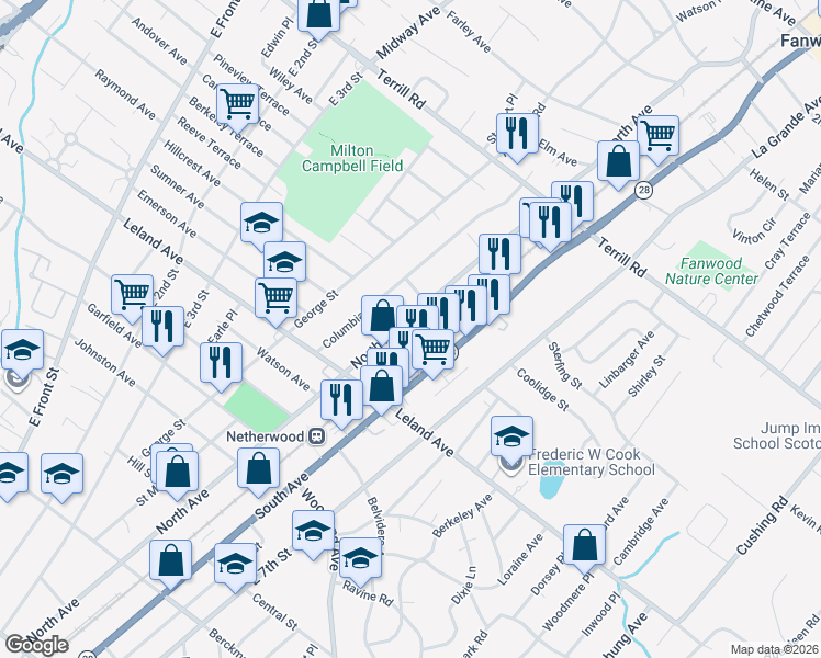 map of restaurants, bars, coffee shops, grocery stores, and more near in Plainfield
