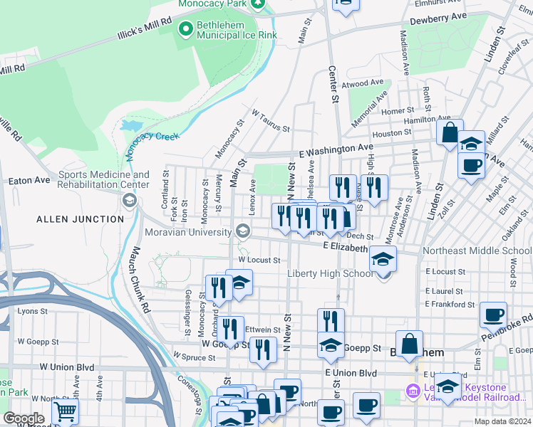 map of restaurants, bars, coffee shops, grocery stores, and more near 37 West Greenwich Street in Bethlehem