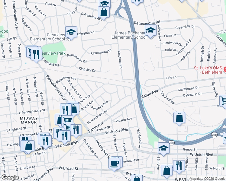 map of restaurants, bars, coffee shops, grocery stores, and more near 1856 Ridgelawn Avenue in Bethlehem