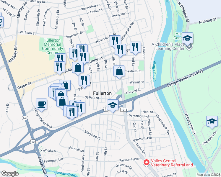 map of restaurants, bars, coffee shops, grocery stores, and more near in Fullerton