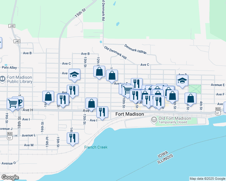 map of restaurants, bars, coffee shops, grocery stores, and more near 1000-1098 Ave F in Fort Madison