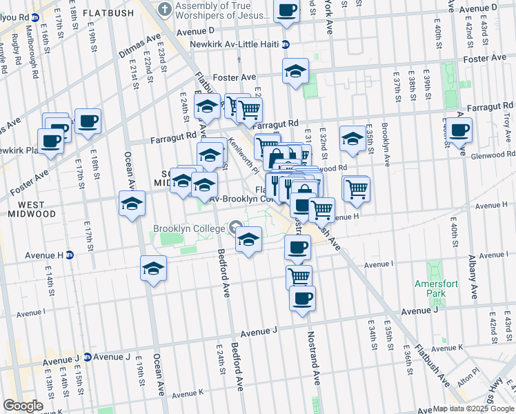 map of restaurants, bars, coffee shops, grocery stores, and more near 2710 Campus Road in Brooklyn