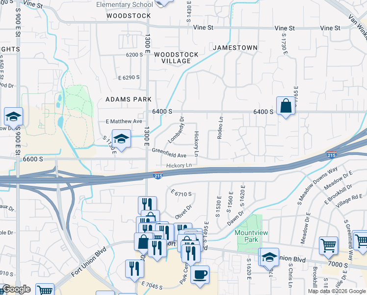 map of restaurants, bars, coffee shops, grocery stores, and more near 1416 Ironwood Avenue South in Murray