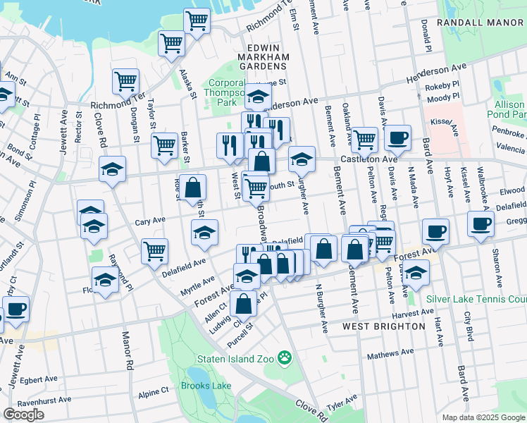 map of restaurants, bars, coffee shops, grocery stores, and more near 67 Seneca Street in Staten Island