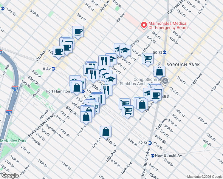 map of restaurants, bars, coffee shops, grocery stores, and more near 5822 11th Avenue in Brooklyn
