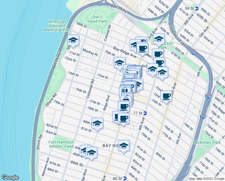 map of restaurants, bars, coffee shops, grocery stores, and more near 7423 Ridge Boulevard in Brooklyn