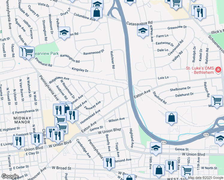 map of restaurants, bars, coffee shops, grocery stores, and more near 1256 Moffit Avenue in Bethlehem