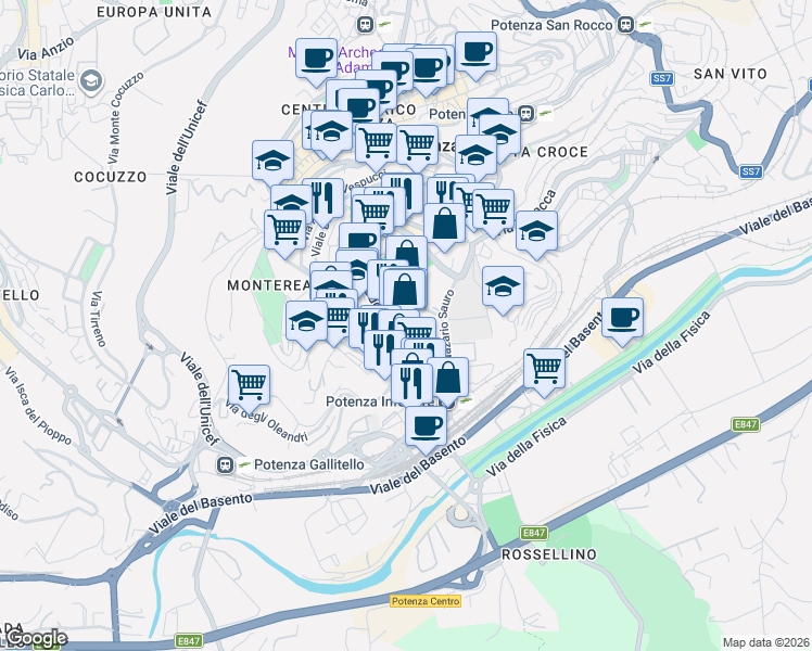 map of restaurants, bars, coffee shops, grocery stores, and more near 298-314 Via Nicola Vaccaro in Potenza