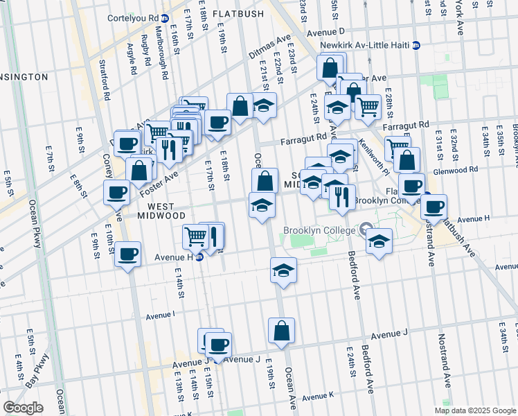 map of restaurants, bars, coffee shops, grocery stores, and more near 1220 Ocean Avenue in Brooklyn