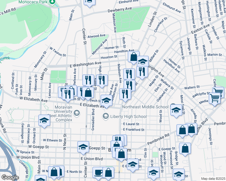 map of restaurants, bars, coffee shops, grocery stores, and more near 1404 Montrose Avenue in Bethlehem
