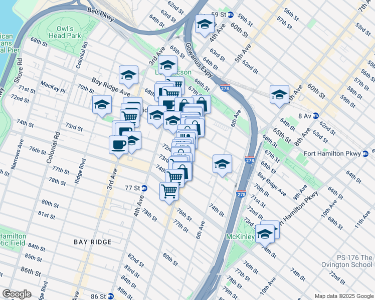 map of restaurants, bars, coffee shops, grocery stores, and more near 7112 5th Avenue in Brooklyn