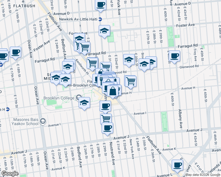 map of restaurants, bars, coffee shops, grocery stores, and more near 1597 Flatbush Avenue in Brooklyn