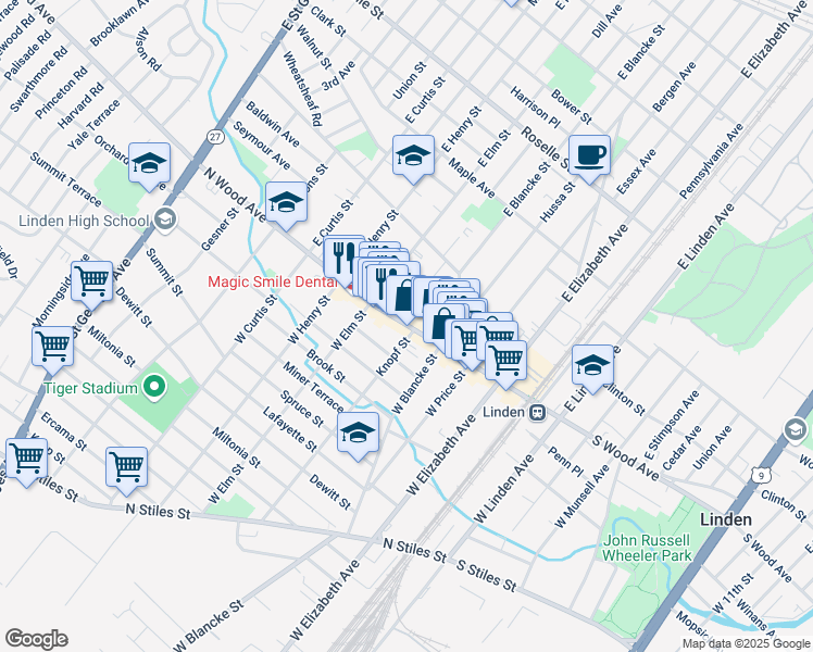 map of restaurants, bars, coffee shops, grocery stores, and more near 401 North Wood Avenue in Linden