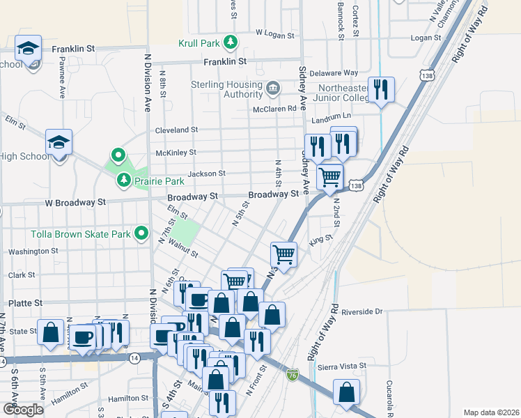 map of restaurants, bars, coffee shops, grocery stores, and more near 714 North 4th Street in Sterling